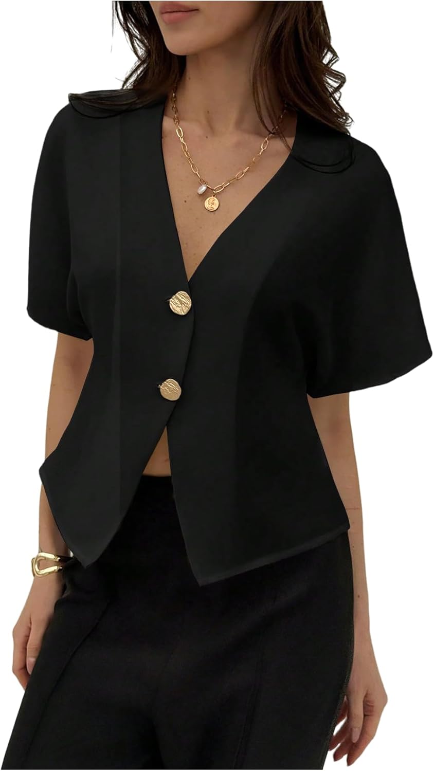 Floerns Women's Elegant Dolman Sleeve Shirts Metal Button Up V Neck Work Office Blouse