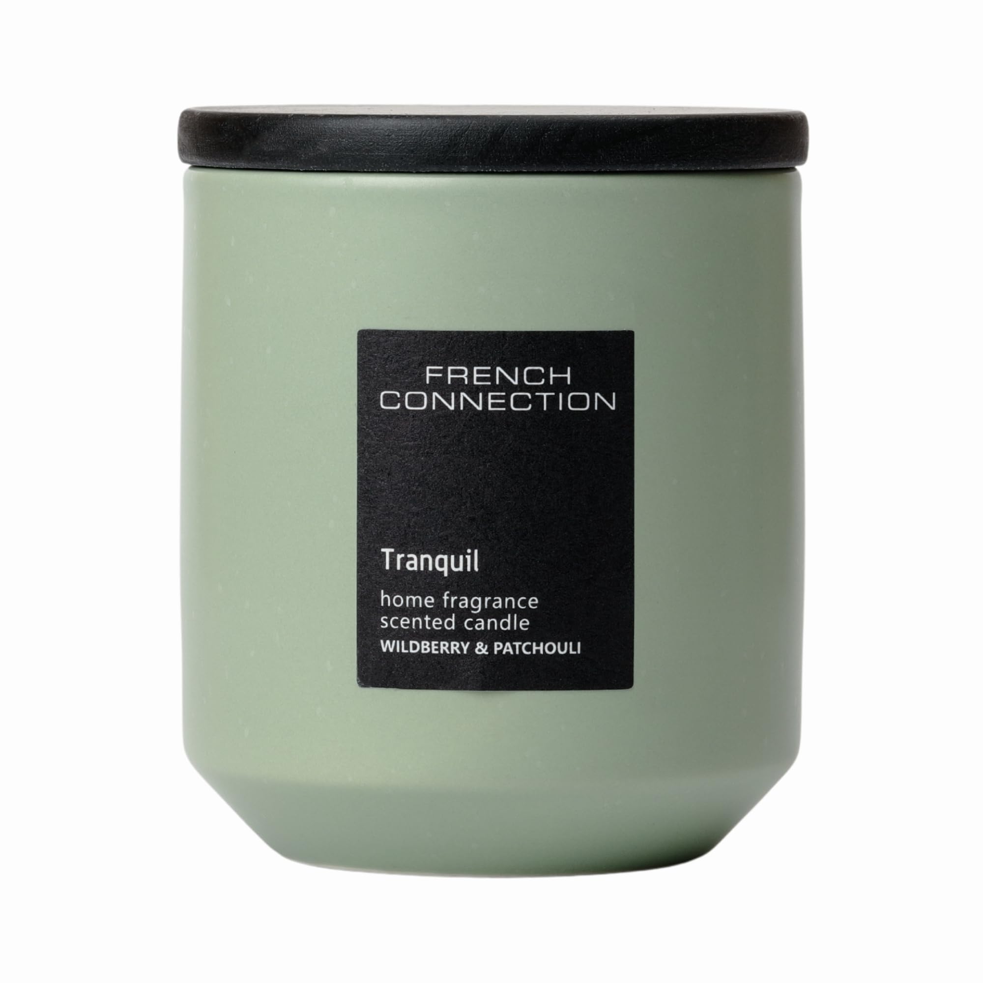 French Connection Green/Brown | Scented Candle | Stone Jar Wooden Lid On Top | Round Shape | (Medium, Tranquil (Wildberry & Patchouli) Scent