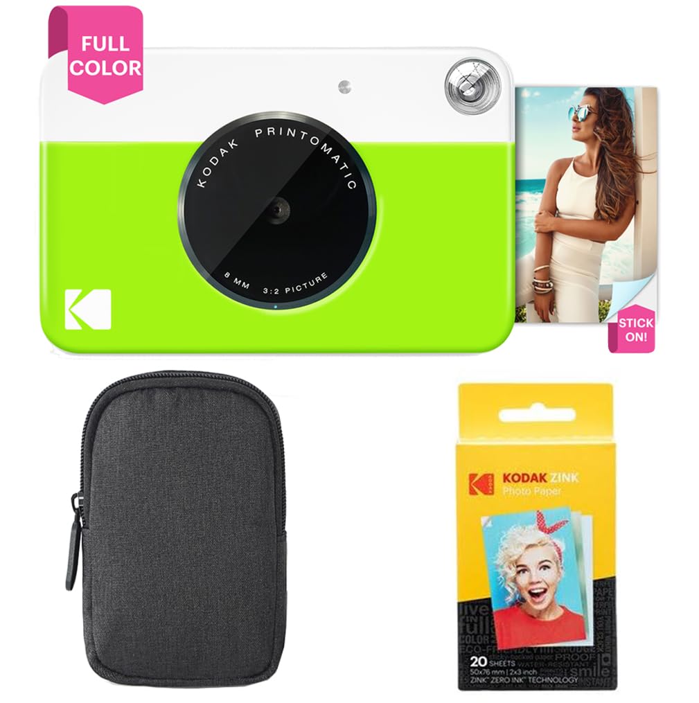 KODAK Appareil Photo Instantané Printomatic (Vert) Coffret Basique + Papier Zink (20 Feuilles) + boîtier Deluxe + Courroie Confortable à Mettre Autour du Cou