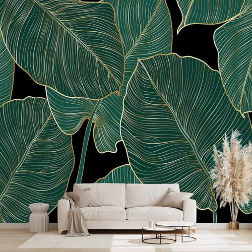 WXHFM - Black and Gold Leaf Mural Bedroom Tropical Green