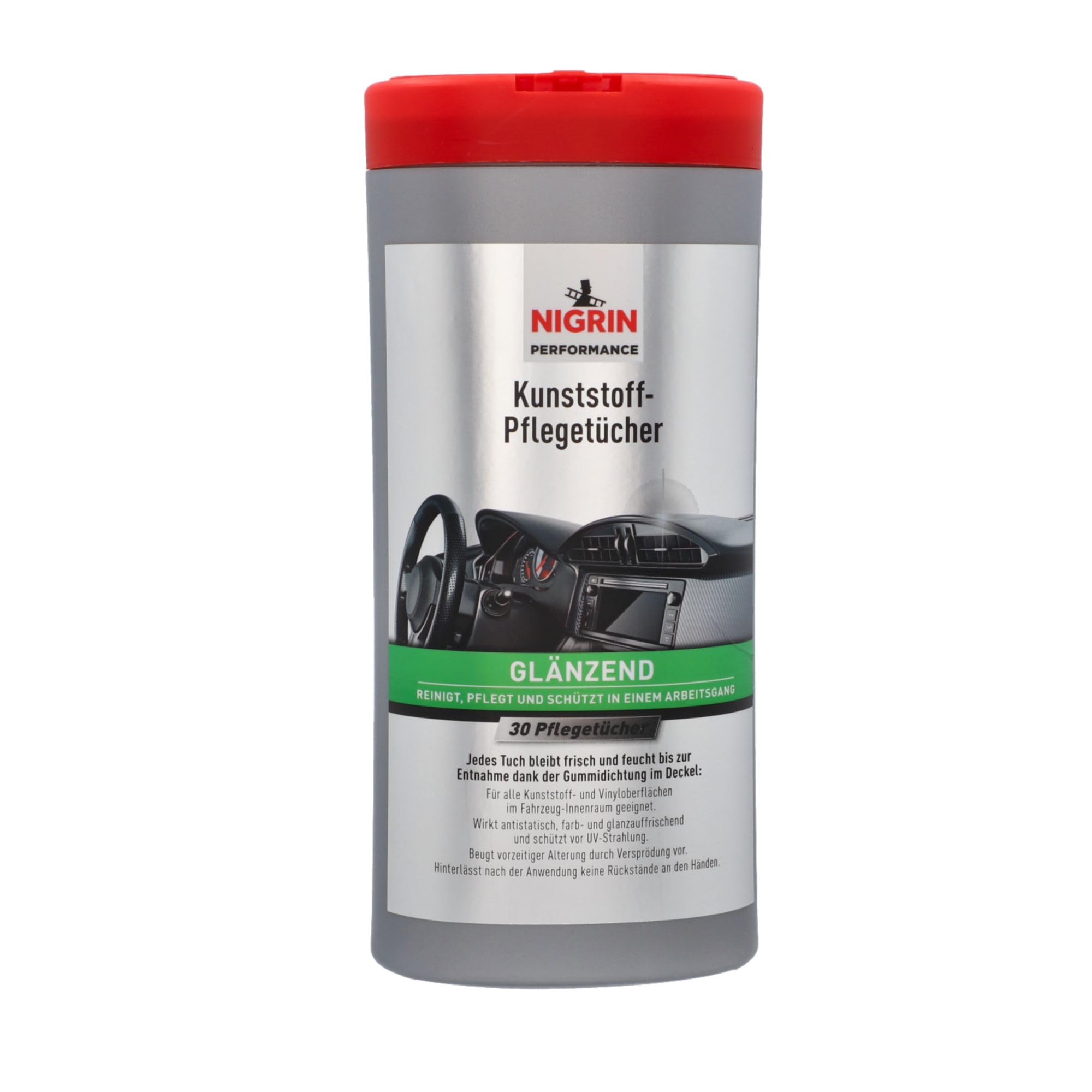 NIGRIN Kunststoffpflege-Tücher glänzend, Reinigung, Schutz und Pflege des Fahrzeug-Innenraums, für Kunststoff- und Vinyloberflächen, reißfest, glanz- & farbauffrischend, antistatisch, Frischepack, 30x