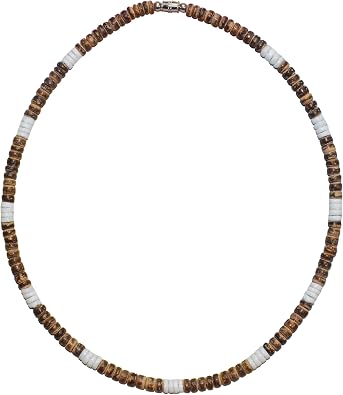 Native Treasure 5mm Puka Style Necklace Mixed Brown Coconut Beads with White Clam Heishi Accents, Surfer Style for Men and Women, Stainless Steel Cable Wire, Nickel-Free Barrel Clasp