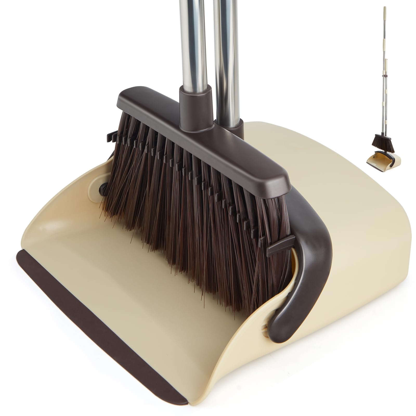 Xxflower Beige Long Handle Dustpan And Brush Sets, Broom And Dustpan Set With Comb Teeth, Sweeping Brush Set For Indoor Kitchen Lobby Office Sweeping Pet Dog Hair, Household Cleaning Supplies (Brown )