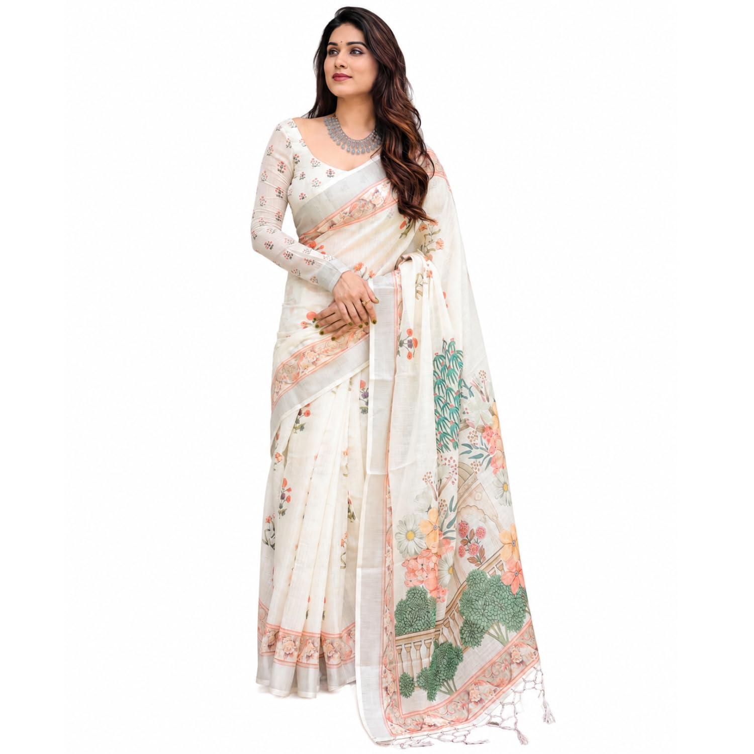 Women's Premium Cotton Linen Silk Saree Featuring Jacquard Zari Woven Brocade Work & Unstitched Blouse Piece | Comfortable Traditional Indian Ethnic Pallu Sari
