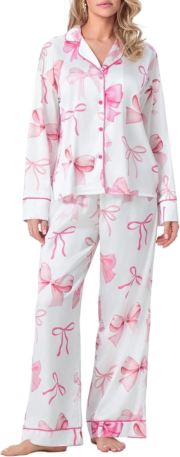 Women 2 Piece Lounge Outfit Bow Print Satin Pajama Set Long Sleeve Lapel Button Sleepwear Sets Women 2 Piece Lounge Outfit Bow Print Satin Pajama Set Long Sleeve Lapel Button Sleepwear Sets