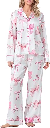 Bow Pajamas for Women Long Sleeve Button Shirt Lounge Pants Pjs Set Silk Satin 2 Piece Sleepwear