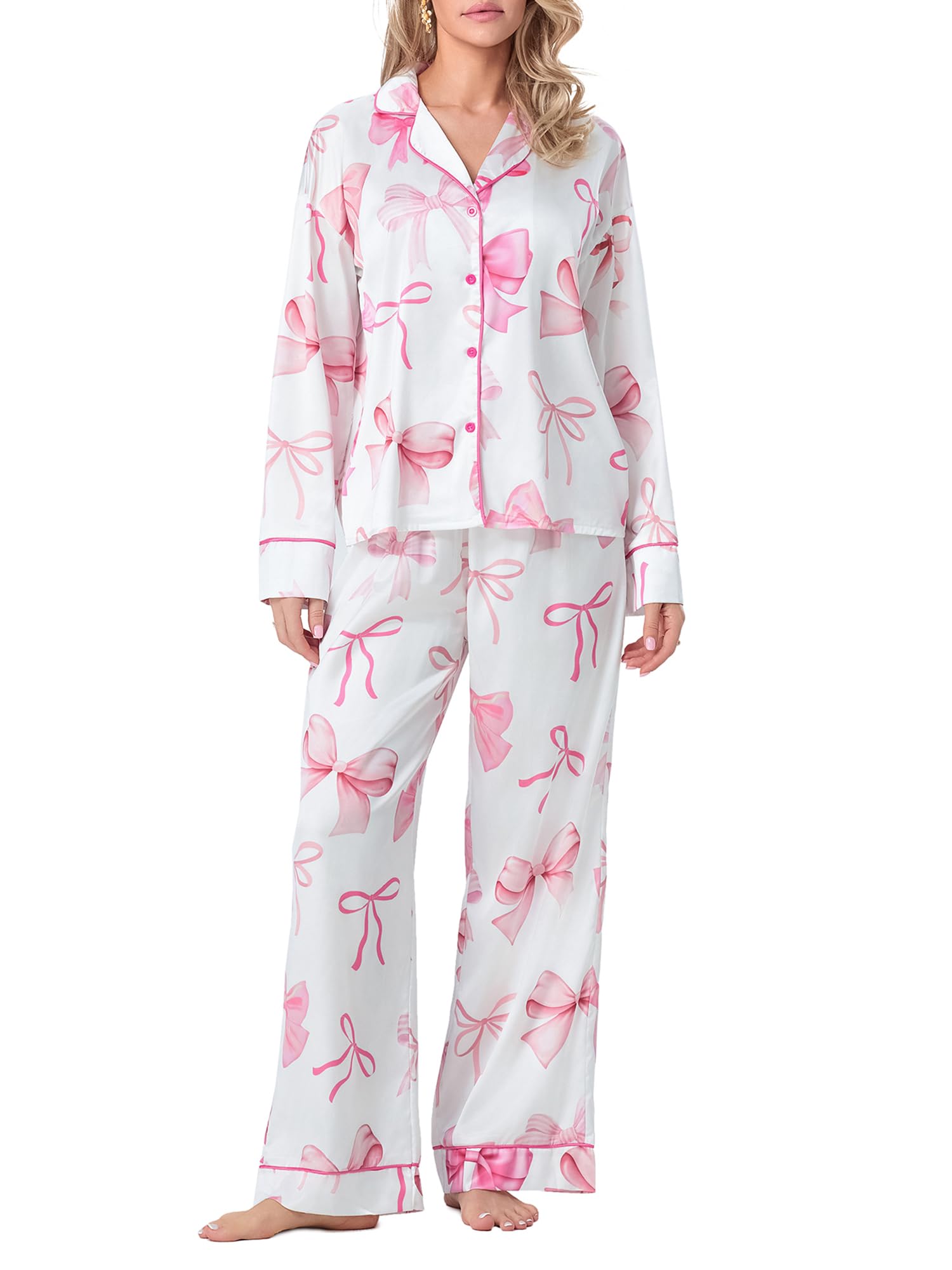 Pigiama A Fiocco Donna Per San Valentino – Set Con Top A Bottoni E Pantaloncini A Quadri, Bianco, Taglia S
