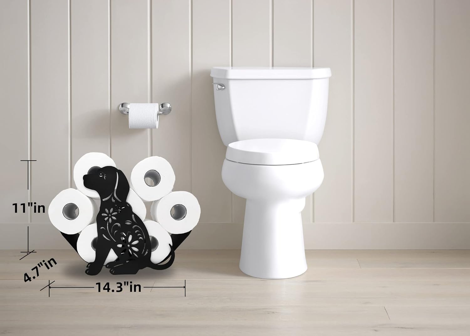 Dog Black Metal Toilet Tissue Holder, Decorative Animal Paper Holder, Funny FreeStanding Toilet Paper Organizer for Bathrooms, Holds Extra 8 Rolls