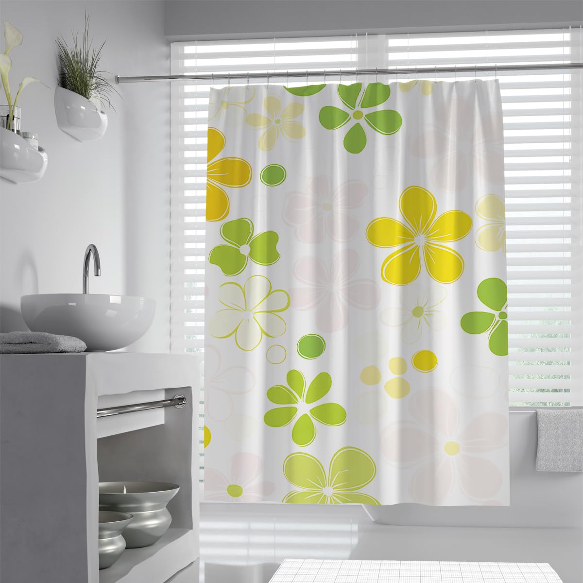 UIRINGART Modern Blossom Shower Curtain W200xL200cm Lime Green Yellow Floral Pattern Anti Mould Water Repellent Bathroom Curtain Walk In Shower With Hooks