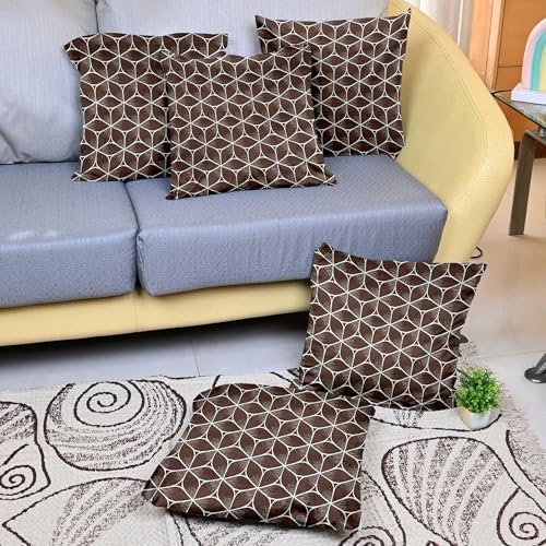 Image of Divine Casa Pluto Cushion Covers Set of 5 Brown | 16x16 Inch Jacquard Patchwork Design Decorative Sofa Cushion Covers | Throw Pillow Covers for Living Room