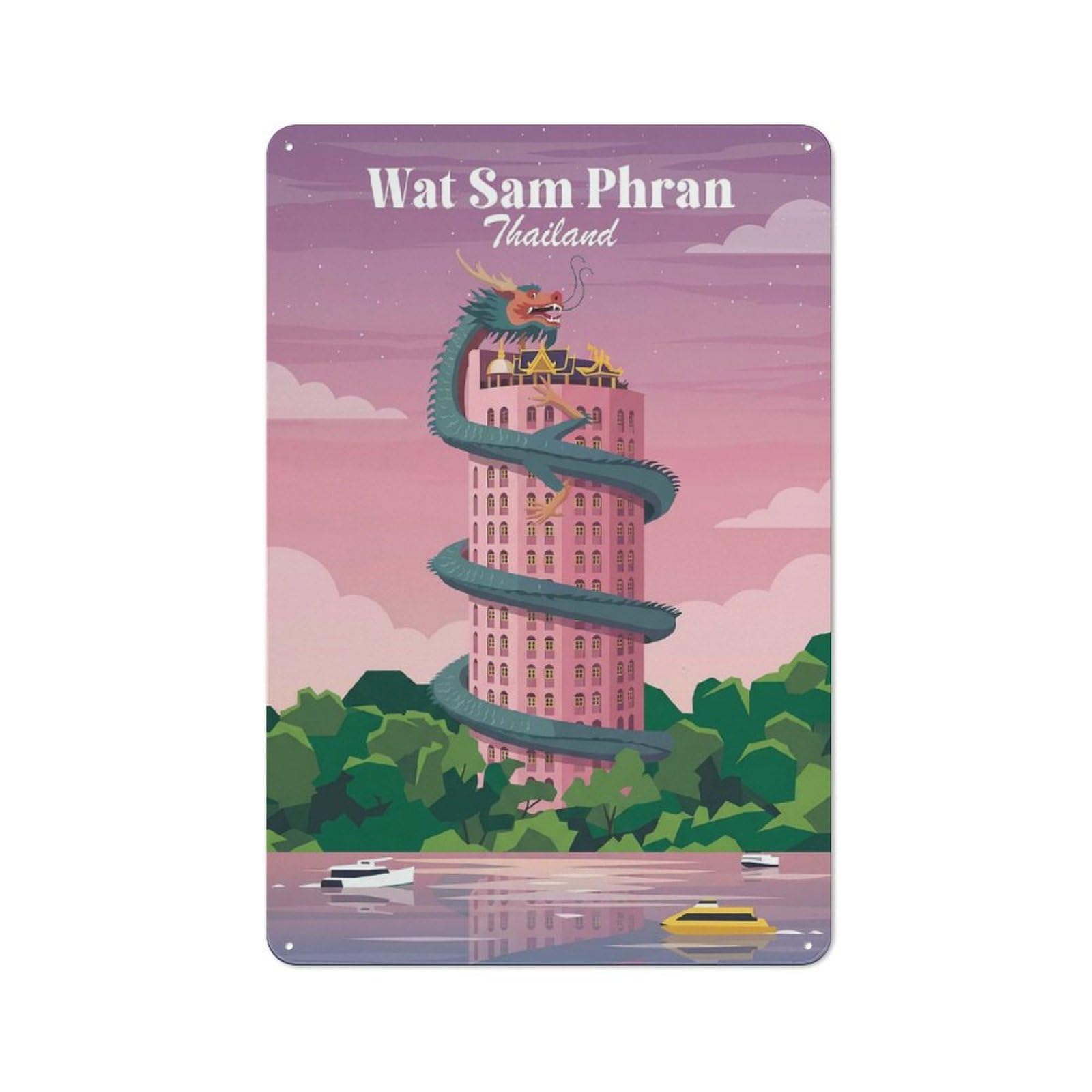 Junmoney Style-17 Metal Wall Sign 30X20cm Featuring Wat Sam Phran Building Thailand For Living Room Wall, For Feature Wall Decorators
