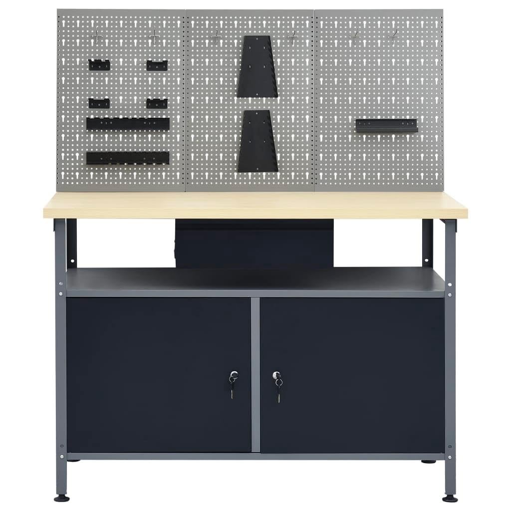 Banco da lavoro 120 cm con 3 pannelli da parete e 1 armadio Laboratorio tavolo da lavoro, grigio nero 02_0003657