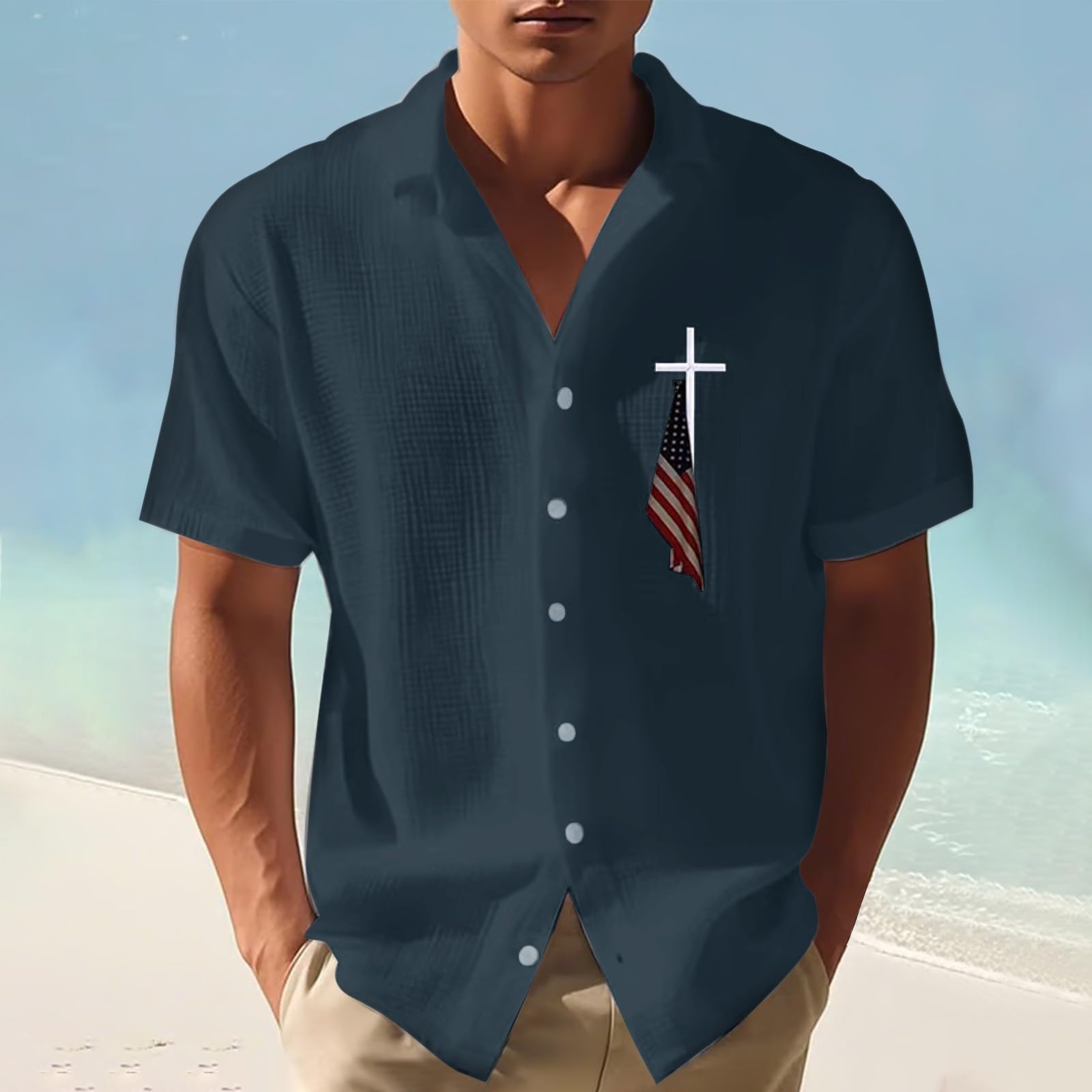 Knit Summer Shirts Men, Mens American Flag Waffle Shirts 4th of July Christian USA Flag American Cross T-Shirts Loose Fit Summer Beach Tops