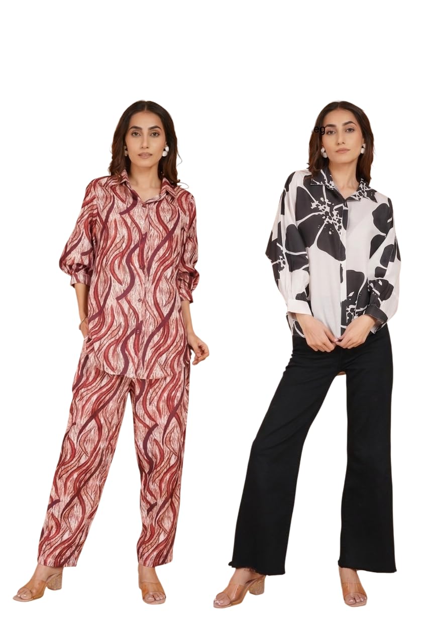 Women’s Red Swirl Printed Combo 2-Piece Co-Ord Set – Relaxed Fit Button Down Shirt with Matching Pants, Soft Breathable Fabric Casual Lounge Outfit Light maroon (IN, Alpha, L, Regular)-image-3