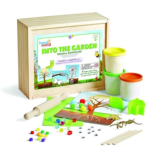 Hand2Mind Into the Garden - Kit de actividades sensoriales - Piezas sueltas materiales de juego para niños - Cubo sensorial Montessori con tapa -