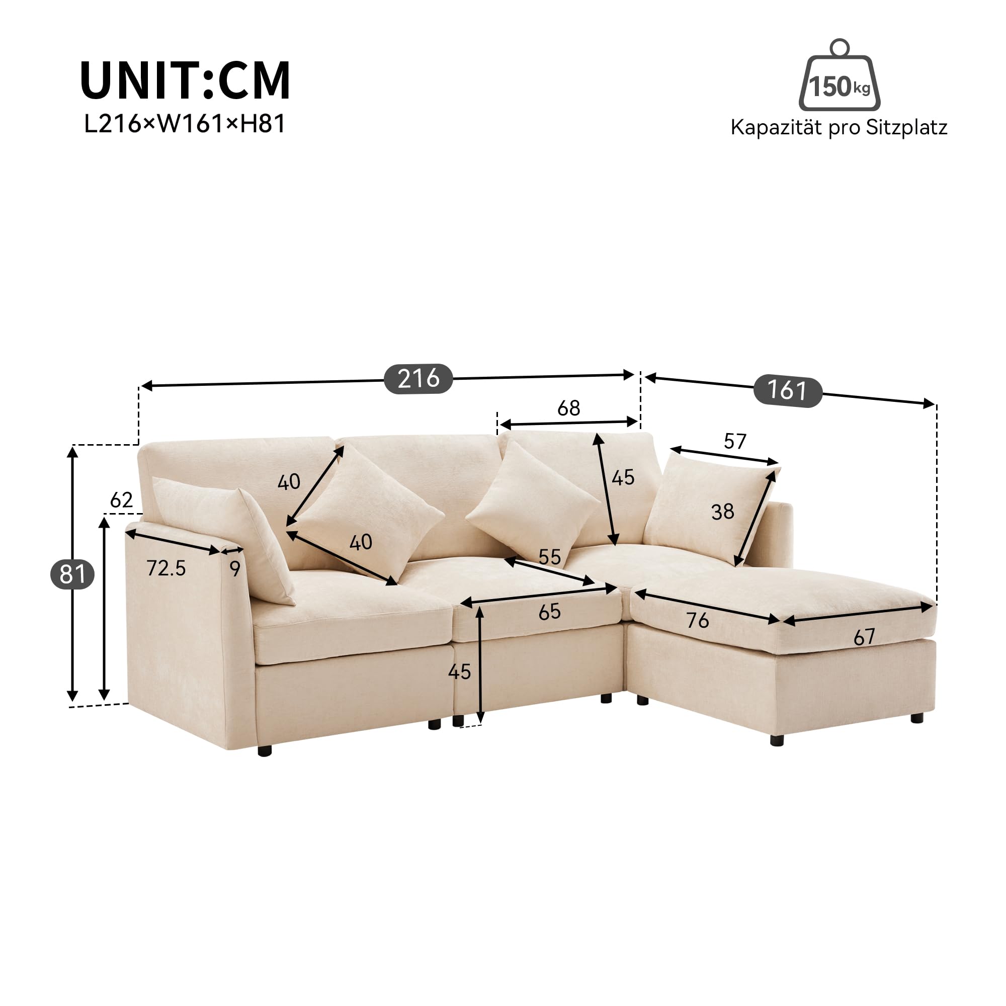Divano moderno,divano componibile in tessuto cinigliato,sofa letto 3 posti,a quattro posti,divano angolare a L con poggiapiedi,divani,divani con penisola,216x161x81cm (Beige)