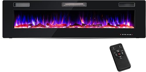 COSTWAY Chimenea eléctrica ultrafina de 68 pulgadas, 5100 BTU empotrada y montada en la pared con control remoto, troncos y cristales decorativos,