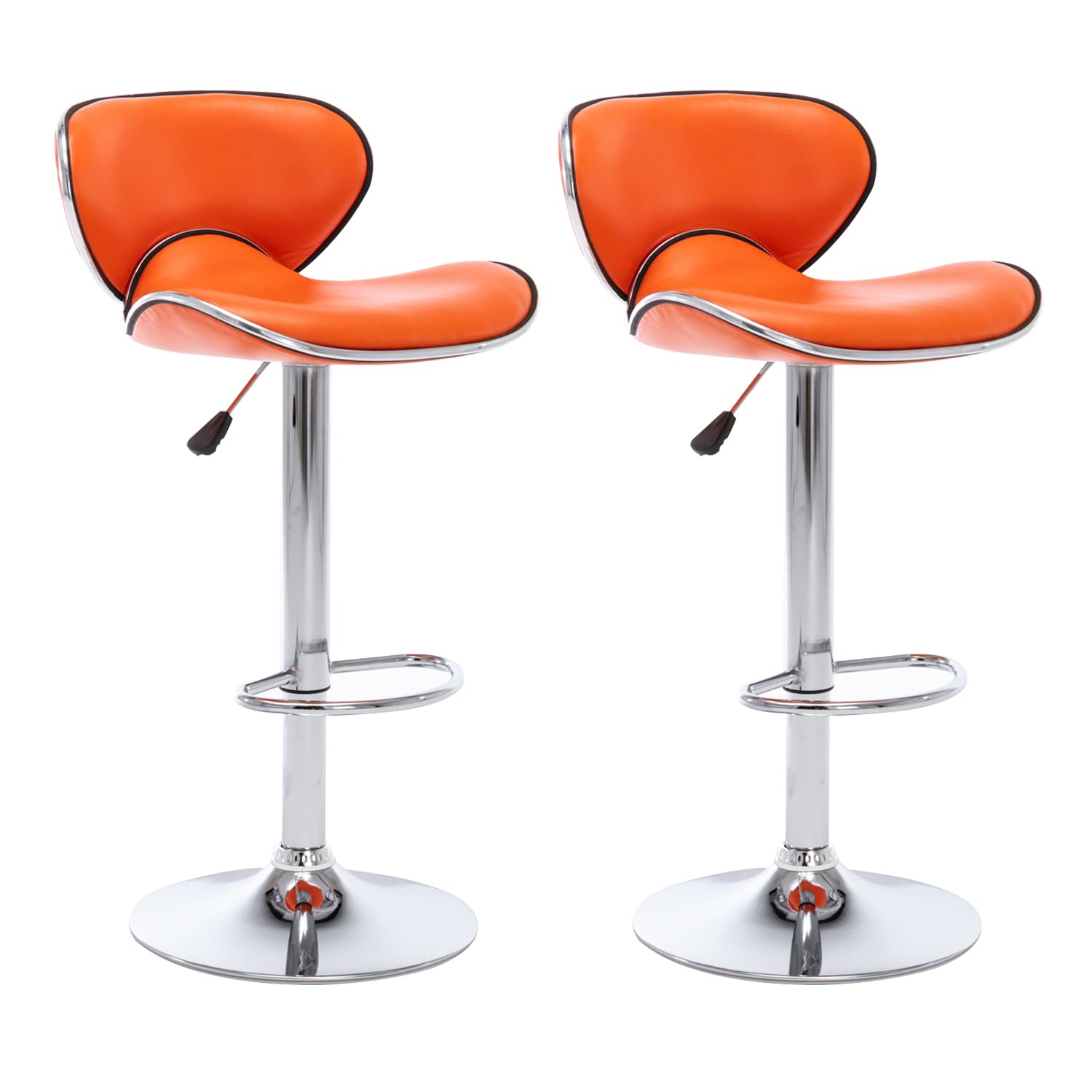 Vogue Furniture Direct PU Leather Adjustable Bar Stools, Modern Swivel Airlift Barstools with Back, Armless Counter Height Chairs for Kitchen Dining Pub Cafe Set of 2 (Orange)