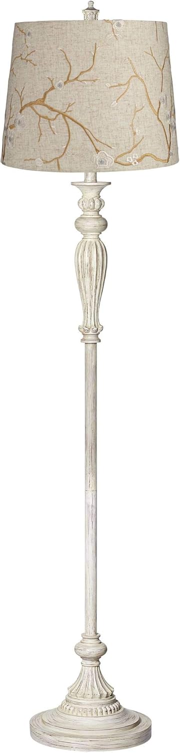 360 Lighting Traditional Vintage Shabby Chic Standing Floor Lamp 60" Tall Antique White Washed with Tan Burlap Tapered Drum Shade Decor for Living Room Reading House Bedroom Family Home