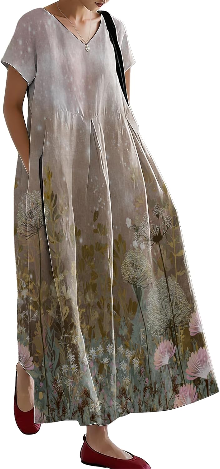 domirica 2026 Summer Maxi Dresses for Women Floral Short Sleeve V Neck Loose Flowy Casual Boho Vacation Dresses