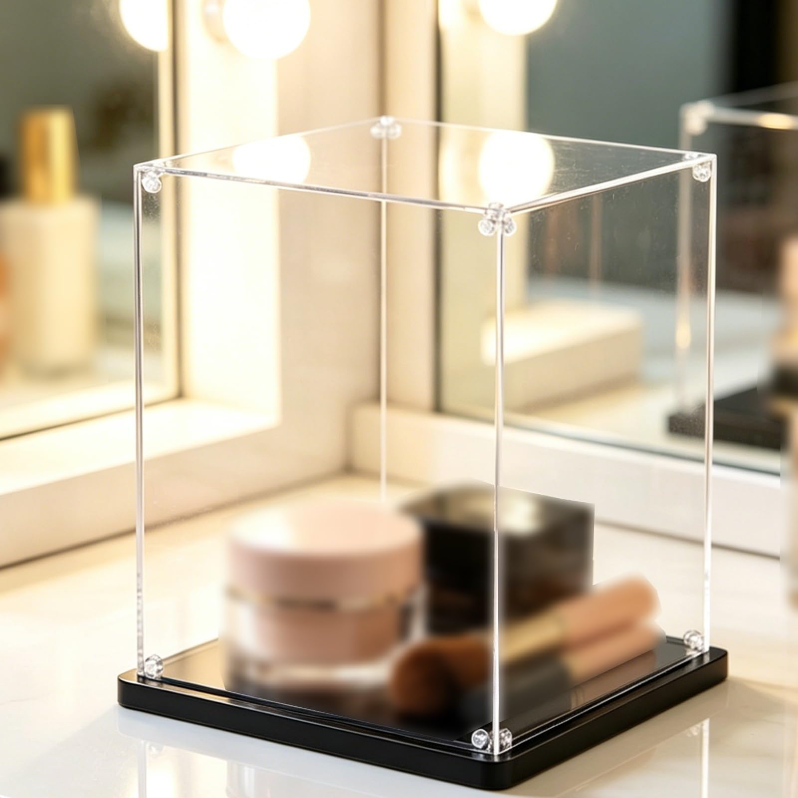 Clear Acrylic Display Case Stand, Sturdy Transparent Presentation Cabinet for Makeup/ Bouquet/ Collectibles, Dustproof Protection Showcase(Black,16x16x20in/40x40x50cm)