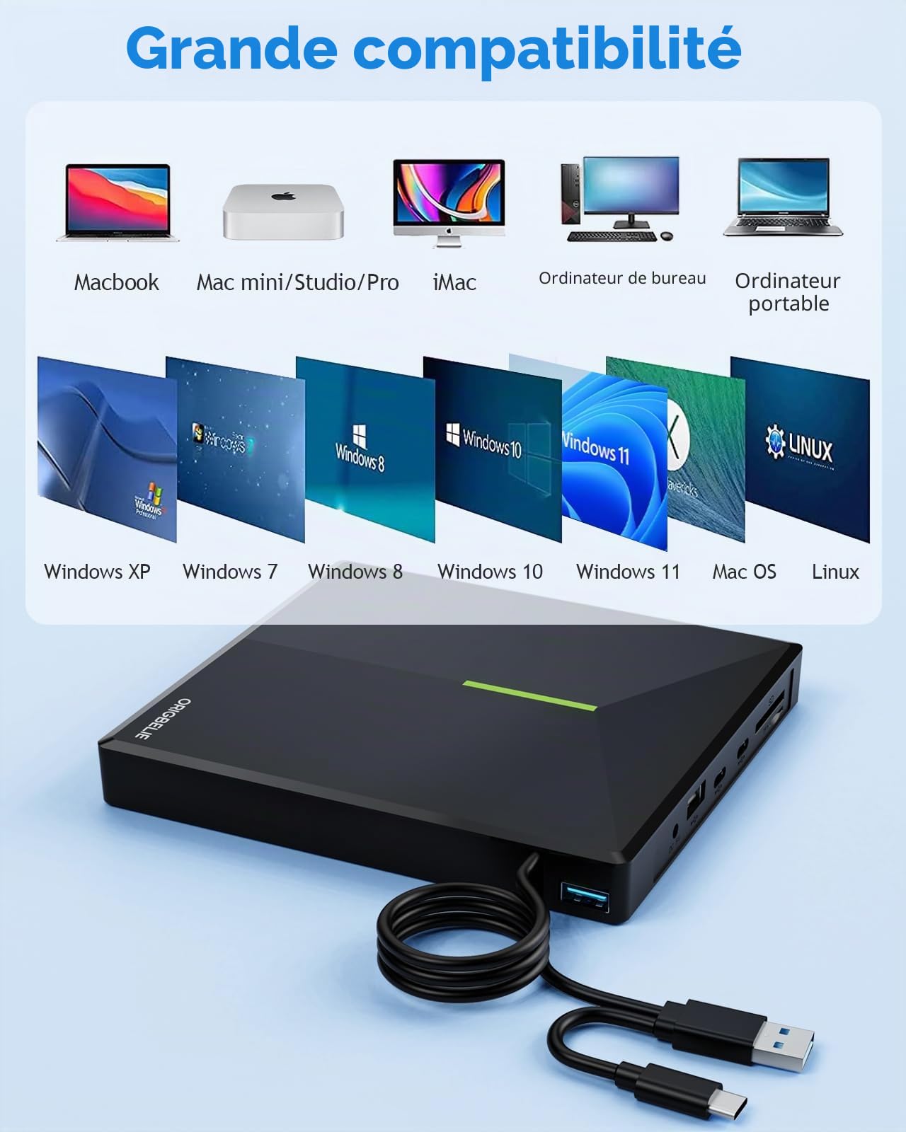 ORIGBELIE Graveur DVD Externe avec 4 Ports USB et 2 Emplacements pour Carte TF/SD, Lecteur CD Externe pour PC, Ordinateur Portable, MacBook, Windows 11/10/8/7 Linux Mac OS avec Boîte de Rangement
