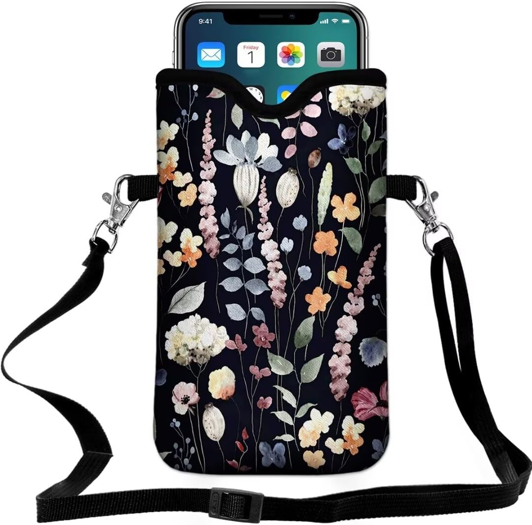Cell Phone Sleeves Bag Case Crossbody Neoprene Holder Lanyard Phone Pouch for Women Men 7.5 X 4.5 Inches - Flowers