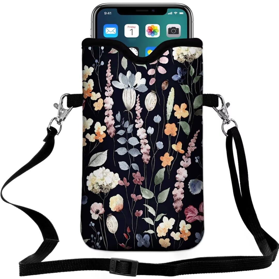 FREZORA Cell Phone Sleeves Bag Case Crossbody Neoprene Holder Lanyard Phone Pouch for Women Men 7.5 X 4.5 Inches - Flowers