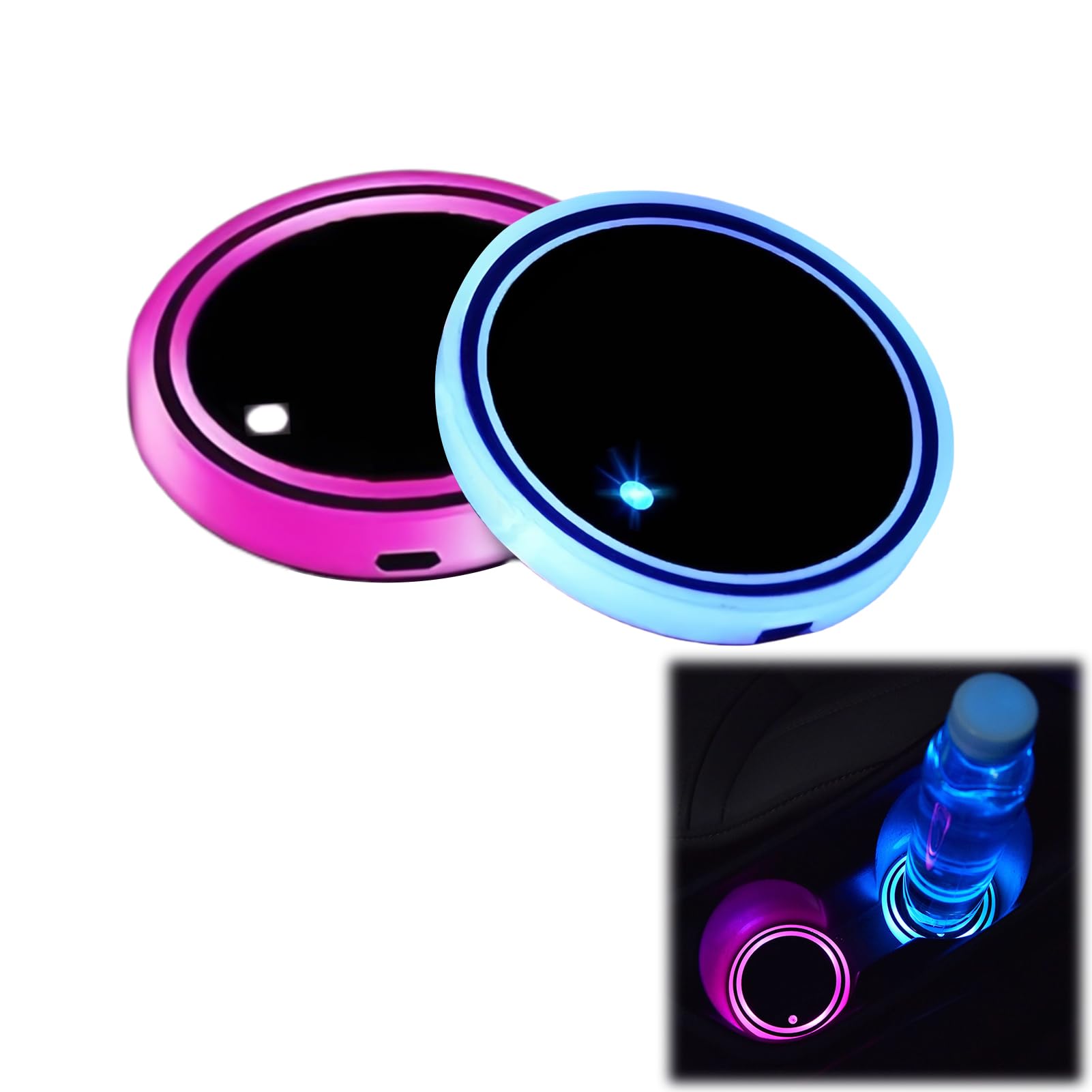 LED Car Coasters 2pcs Car Cup Coaster Insert Luminescent Cup Holders with 7 Colors, USB Charging, Car Accessories Interior Decoration Atmosphere Light for Women Men