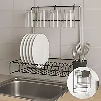 Escorredor de Louça Parede Dobrável Suspenso Premium Preto Pliar, 11 Pratos + 4 Copos, Porta-talheres, Suporta 6 kg – Otimize o Espaço da Sua Cozinha