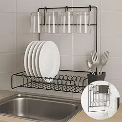 Escorredor de Louça Parede Dobrável Suspenso Premium Preto Pliar, 11 Pratos + 4 Copos, Porta-talheres, Suporta 6 kg – Otimize o Espaço da Sua Cozinha