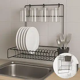 Escorredor de Louça Parede Dobrável Suspenso Premium Preto Pliar, 11 Pratos + 4 Copos, Porta-talheres, Suporta 6 kg – Otimize o Espaço da Sua Cozinha