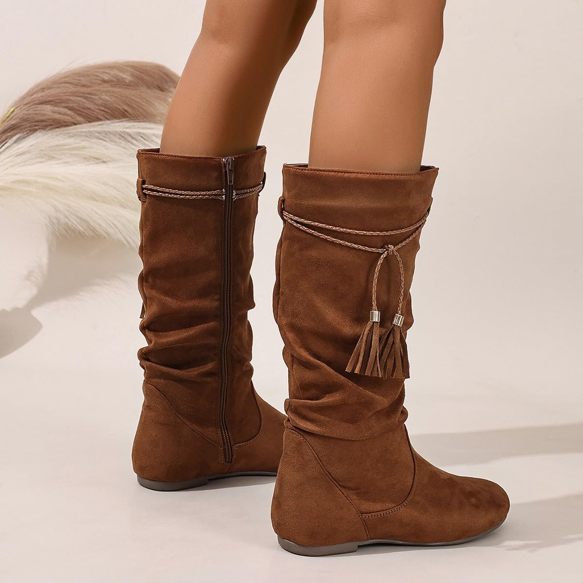 Bottes Mi-Mollet Femme en Suédine, Franges Bohèmes, Bout Rond, Talon Plat