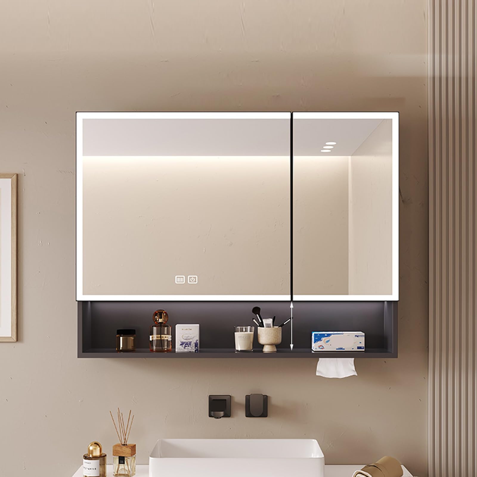Inteligente Armarios Espejo de baño con led luz,Armario con Espejo Antivaho de Maquillaje baño,Armario de Pared Rectangular Antivaho con Estantes de Almacenaje,Interruptor Táctil,Agujero de papel(Gray