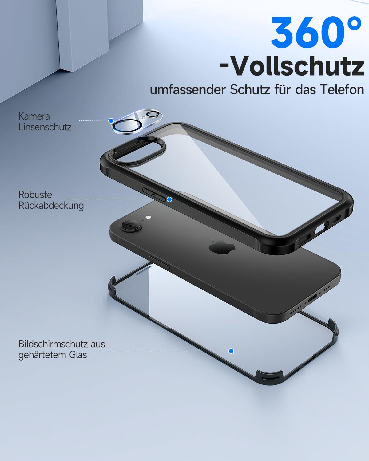 seacosmo für iPhone 16E/17E Hülle mit eingebautem Panzerglas Displayschutz und Kamera Schutzfolie [9H HD], 360 Grad Handyhülle Ganzkörper Stoßfeste iPhone 16E/17E Case - Schwarz