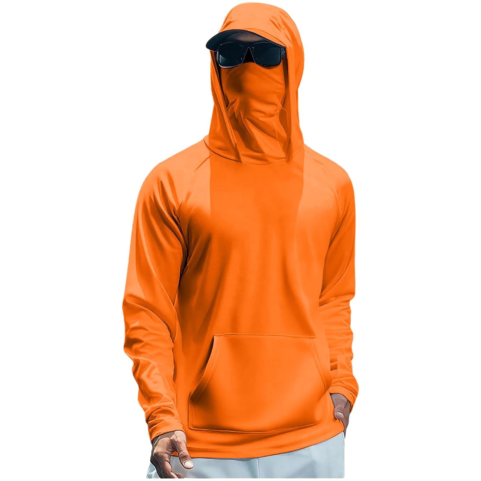 Men's Sun Protection Hoodie with Face Mask Quick Dry Fishing Shirt Lightweight UPF 50+ UV Hoodie Long Sleeve Rash Vest for Hiking Running Outdoor, Orange, M