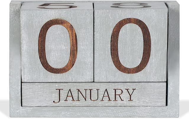 Wooden Desk Calendar Blocks, Date Desktop Block Calendar, Vintage Wood Perpetual Calendars Block for Rustic Home Office Decoration, Natural Wood&Laser Engraved(Vintage Washed Grey)