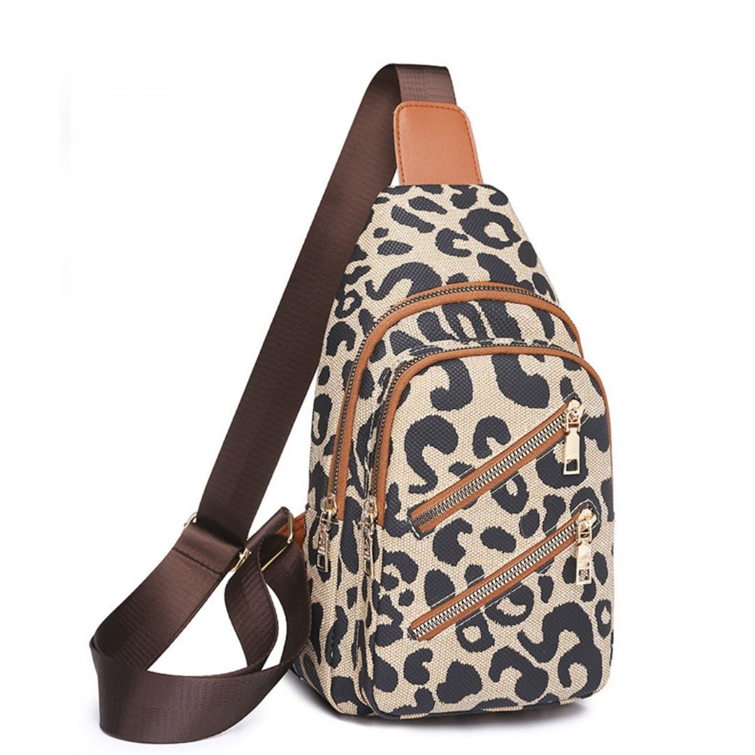 Hiriotin Leopard Print Chest Bag for Women Letter Print Crossbody Sling Backpack with Wide Strap Multipurpose Fanny Daypack (white)