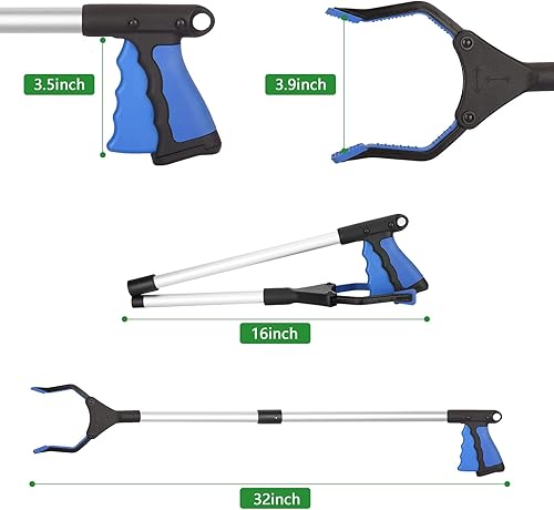Miniatura 7 de Paquete de 2 herramientas de agarre para alcanzador de 32 pulgadas con mandíbula giratoria antideslizante de 360, agarradores plegables para
