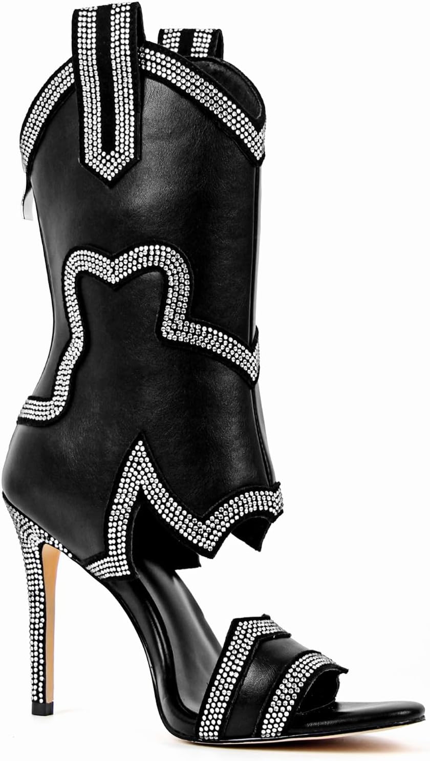 richealnini Glitter Ankle Wrap Gladiator Sandals for Women Back Zip Up Western Diamante Stiletto High Heels image 3