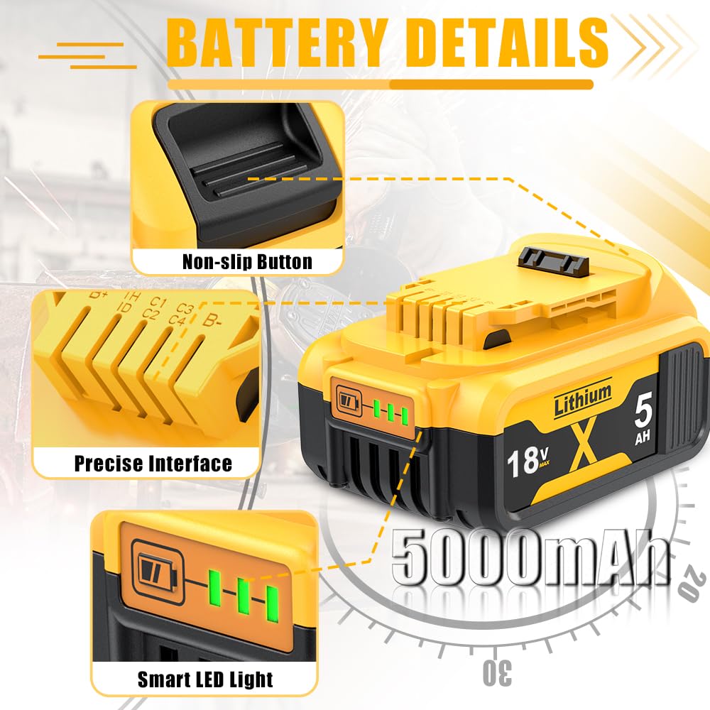 2 Stück 5000mAh DCB182 Ersatzakku für Dewalt Akku 18V, 5 Ah Ersatz für Dewalt Batteries DCB200 DCB184 DCB101 DCB107 DCB112 DCB105 DCB115 DCB203 mit LED Werkzeugakku