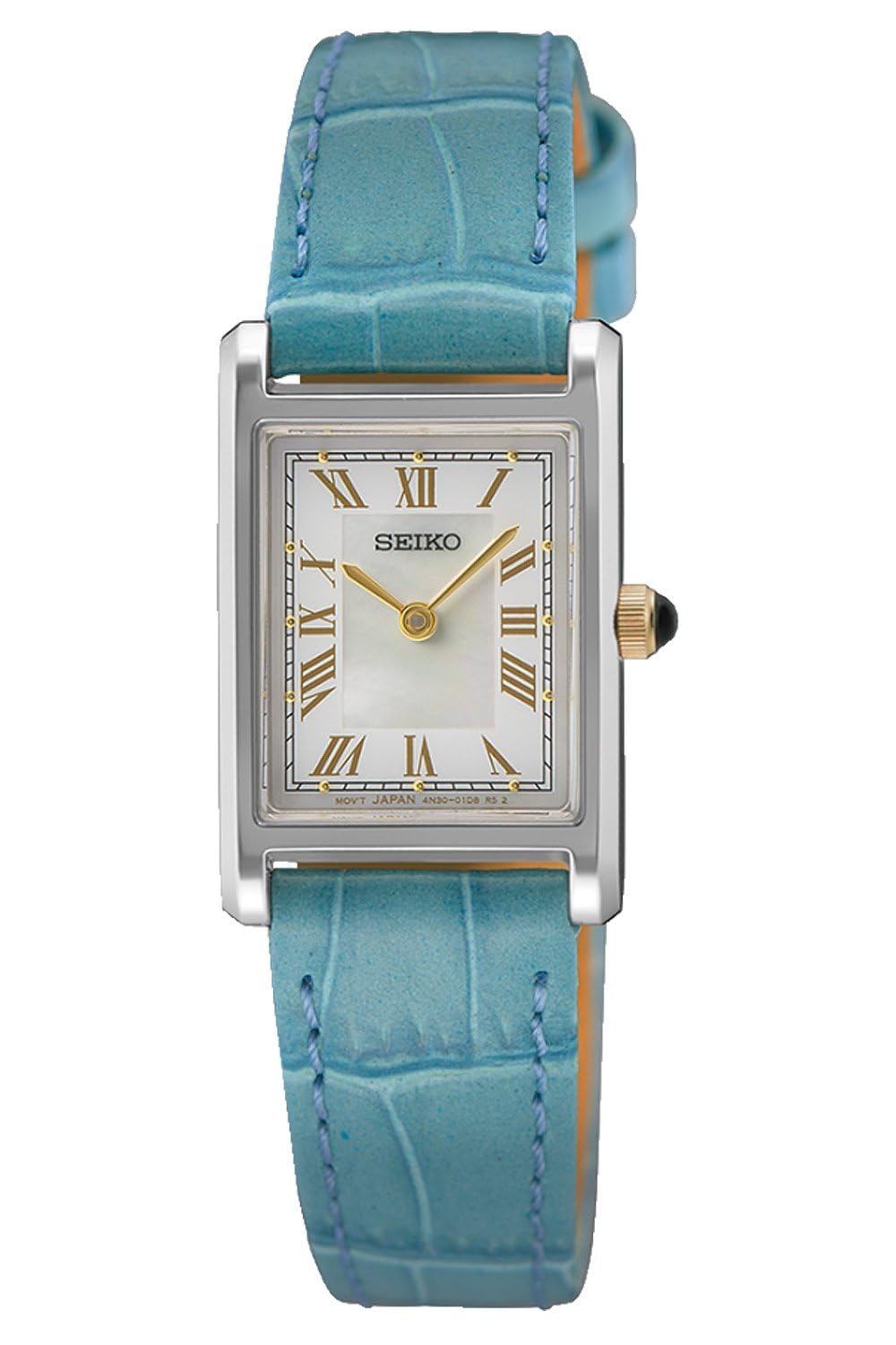 Seiko Montre Classique à Quartz pour Femme en Acier Inoxydable 19 mm Bracelet en Cuir Bleu 3 Bar Cadran Blanc SWR101P1