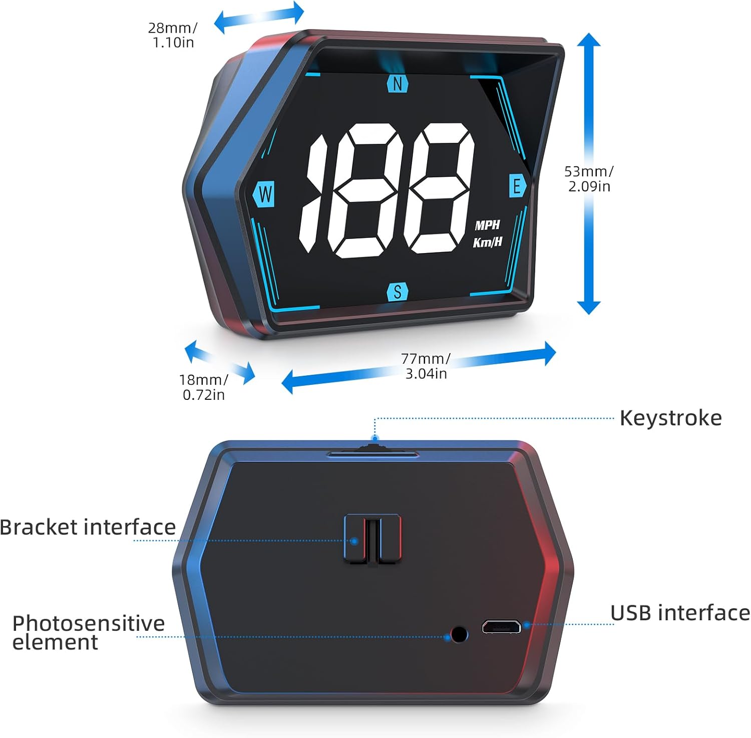 Diagram showing the dimensions of the G20 HUD and the location of its interfaces: Keystroke buttons, Bracket interface, Photosensitive element, and USB interface.