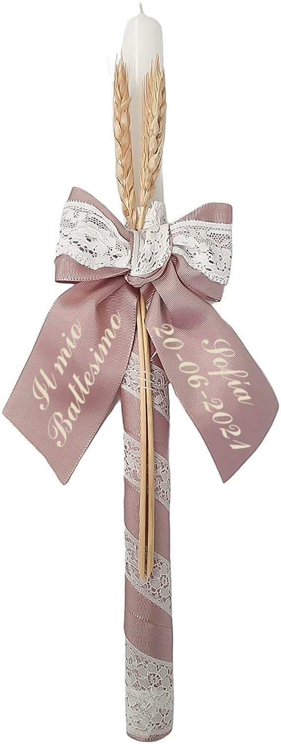 Kit di lusso personalizzato per battesimo - Set de candela, panno e conchiglia ricamati - Scatola di legno lavorata con il nome e la data di battesimo - Modello Paris (Rosa Cipria)