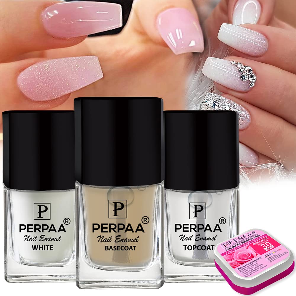 PERPAA® Trendy Quick-drying, Long-Lasting Gel Based Nail Care Combo of Base Coat,Top Coat and White Nail polish(5ml Each) With FREE Nail Wipes