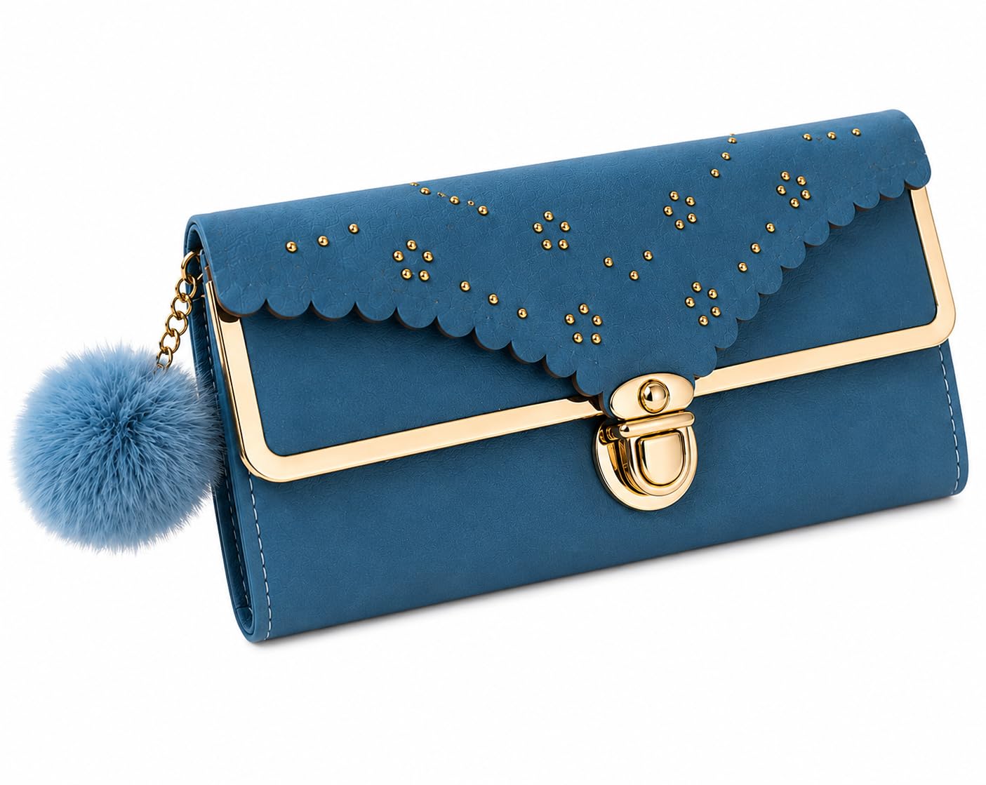 faraaz collection FARAAZ Clutch Wallet with Gold-Tone Hardware and Pom Charm (Light Blue)-picture-54