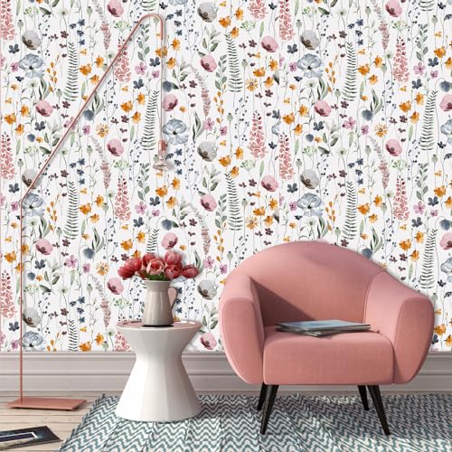 CHDITB Blumen Tapete Selbstklebende,Aquarell Blumen Möbelfolie Klebefolie,Boho Wohnzimmer wandstickers(44x300cm) Weiß Blumentapete… – Ansicht 6
