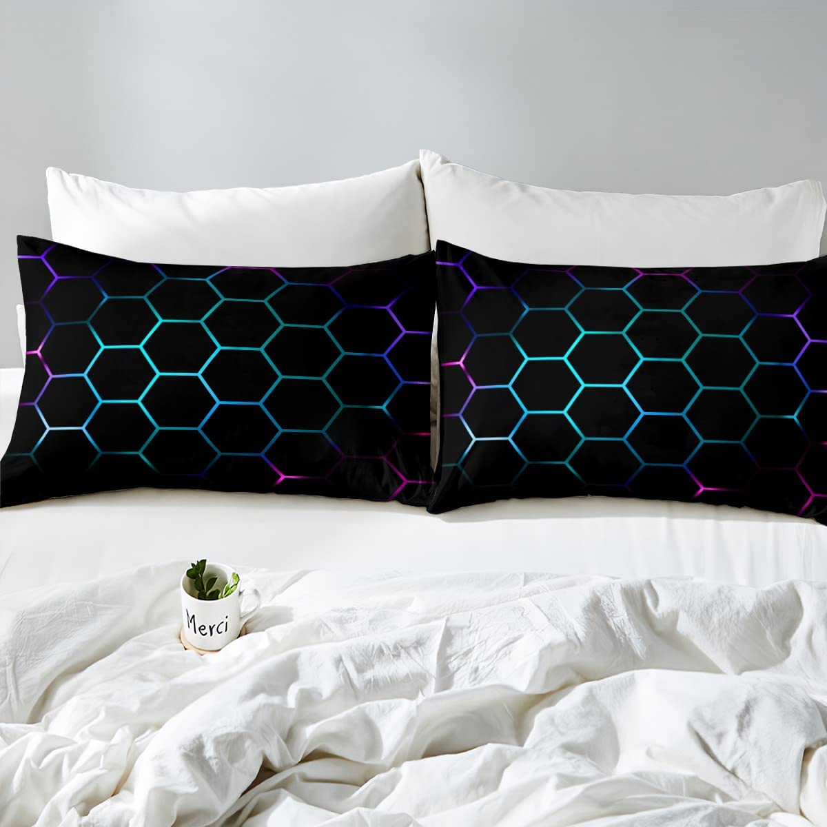 Loussiesd 132115, Juego de funda de edredón infantil con diseño geométrico de panal 3D, estampado hexagonal, morado, azul, verde azulado y negro, 2 piezas, tamaño individual, multicolor