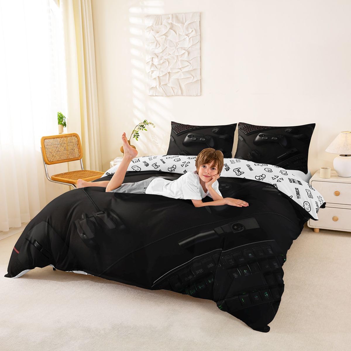 Feelyou Gaming Bedding Set for Boys Kids Bedroom Decor Gamer Video Games Duvet Cover Queen Size Modern Game Controller Comforter Cover Teens Game Console Bedspread Cover, Soft, Zipper Closure, Black