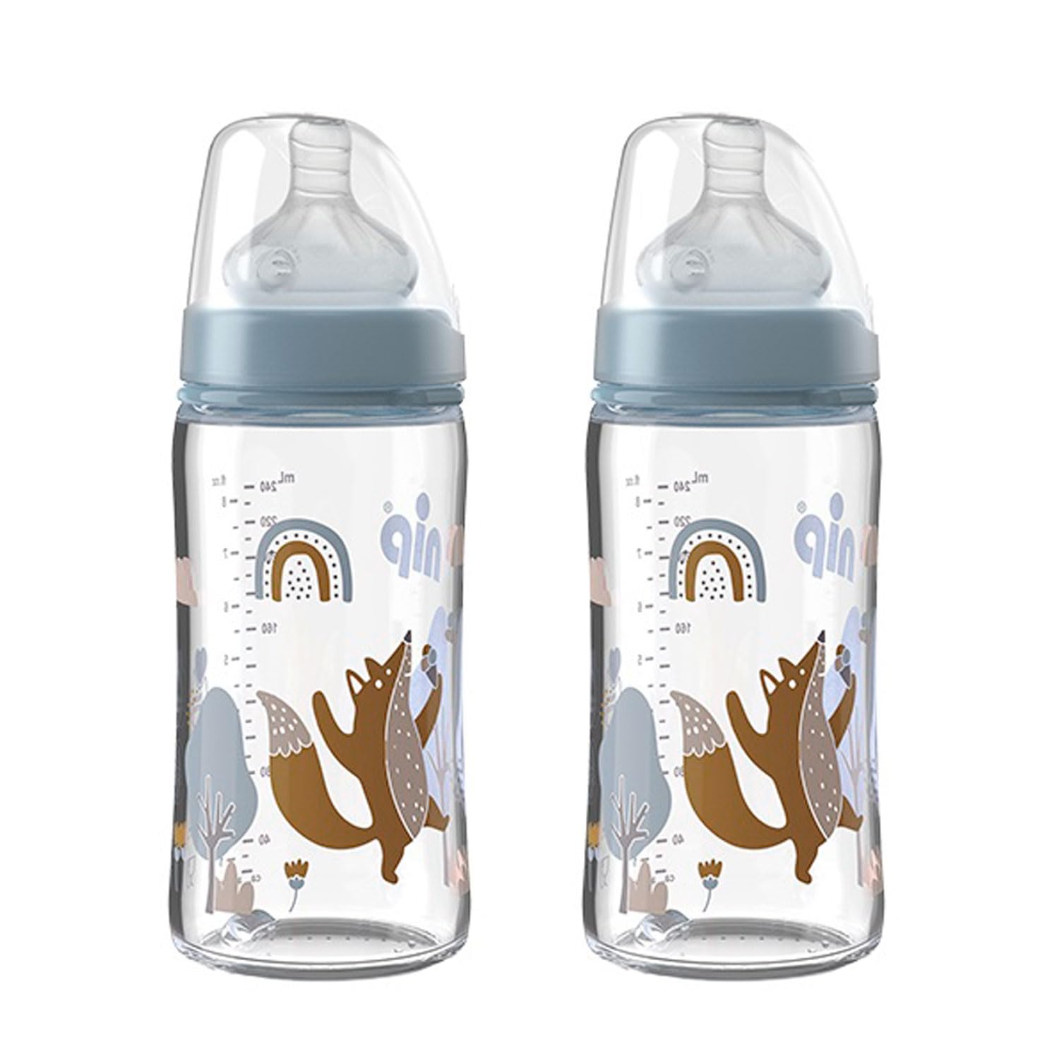 NIP Flacone in vetro a collo largo, 2 pezzi, 240 ml, anatomico, in silicone, misura 0+, latte